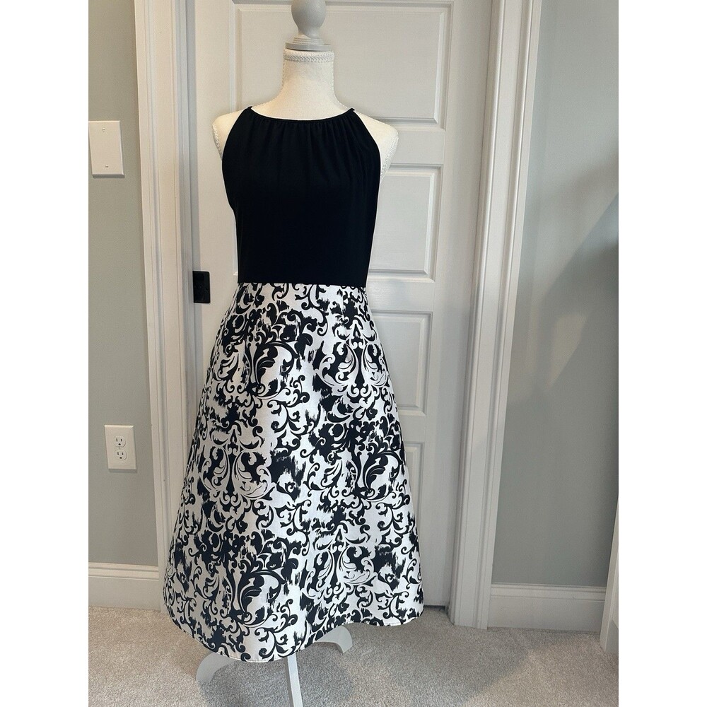 Adrianna Papell Black Halter Damask Brocade A-Line Cocktail Dress Size 4